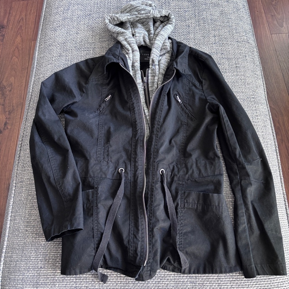 Love Tree Women Black Utility Jacket Gray Hood Cotton Zip Up Size S Casual